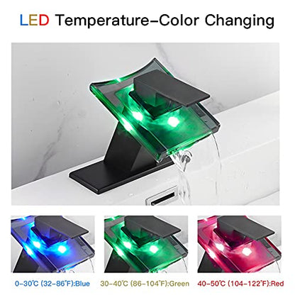 Black Bathroom Faucet Led Light 3 Color Changing Waterfall Glass Spout | Battery Power Lavatory Vanity Sink Faucet Single Handle One Hole Deck Mount Modern Designer Basin Tap - color: Black, style: with Led light