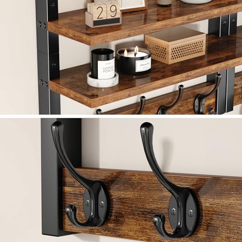 Double Shelf Coat Rack Wall Mount with 8 Hooks, Rustic Brown HWS009H-2 | Wooden Coat Hanger Key Holder Wall Mount for Coats Hats Keys - Wood Wall Mounted Coat Rack with Shelf for Entryway & Bathroom - color: Rustic Brown