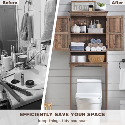 67" Farmhouse Over Toilet Storage Bathroom Cabinet, Rustic Brown | Double Barn Doors, Adjustable Shelf, Open Cubby, Weathered Finish - color: Rustic Brown