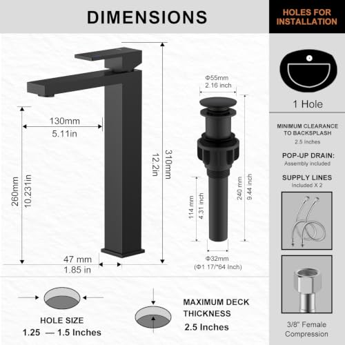 Matte Black Vessel Sink Faucet Single Hole, Tall Bathroom Sink Faucet | Vessel Bowl Faucet with Pop Up Drain & Supply Lines, Lead-Free cUPC & NSF Certified, 1 Hole Faucet for Vanity RV Restroom - color: Matte Black, size: Tall