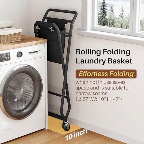 No-Bend Laundry Cart- Rolling Hamper with Locking Wheels & Handle, Foldable Basket Screw-Free Assembly, Durable Metal Frame & Removable Liner Bag for Bedroom & Bathroom (Black) - color: Black