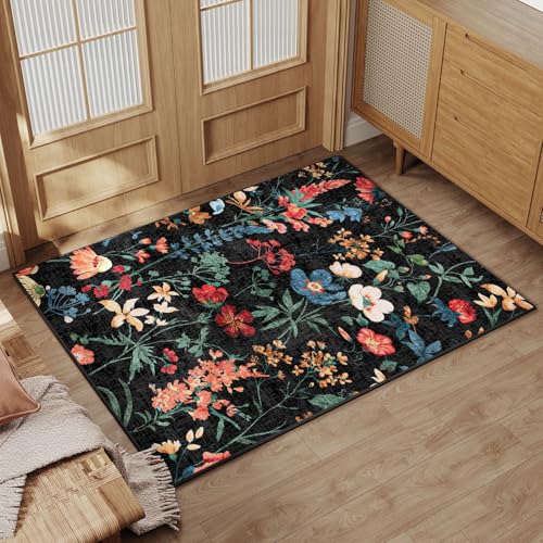 Black Area Rug 2x3 Entryway Floral Boho Door Mat Indoor Washable Kitchen Carpet Non Slip Bedroom Lightweight Low Pile Accent Rug for Bathroom Living Room Office Dining Room - color: Classic Black, size: 2' x 3' (Rectangular)