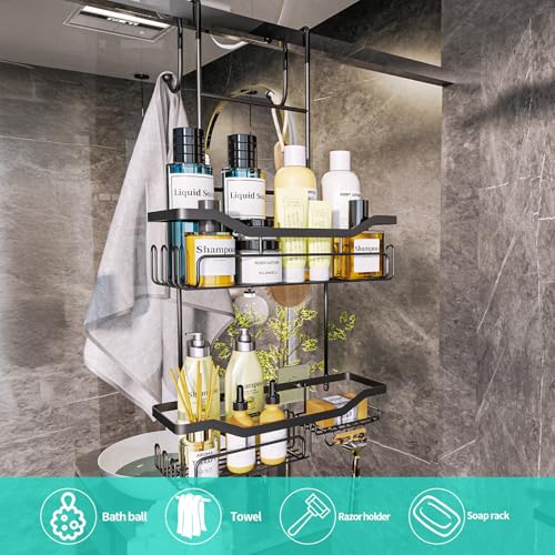 HapiRm Hanging Shower Caddy Over the Door with Soap Holder, No Drilling Adhesive Shower Organizer with 11 Hooks, Rustproof & Waterproof 304 Stainless Steel Bathroom Shelves - Black - color: A-Black