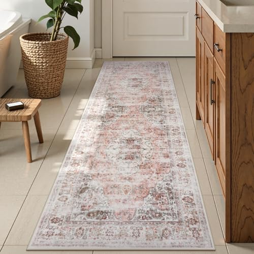 Uphome Bathroom Runner Rug, Distressed Tribal Farmhouse Blush Pink Bathroom Mat, Large Bathroom Rugs Non Slip Washable, Oriental Retro Boho Bath Mat Runner for Bathtub Sink Hallway, 24x59 inch - color: Blush Pink, size: 24 x 60 inch (Rectangular)