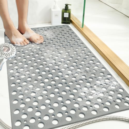 Tiamo Extra Large Non Slip Shower Mat for Inside Shower, 47x32 Inch Oversized Shower Stall Mat,Bath Mat for Shower with Big Suction Cups,Drain Holes,Two-Sided Anti-Slip - color: Grey, size: 47" x 31" (Rectangular)