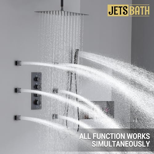 Thermostatic Shower System with 6 Body Jets & 16-Inch Ceiling Rainfall Shower Head, Oil Rubbed Bronze Luxury Full Body Shower Faucet with Handheld Sprayer, Shower Fixtures Set with Valve - color: Oil Rubbed Bronze
