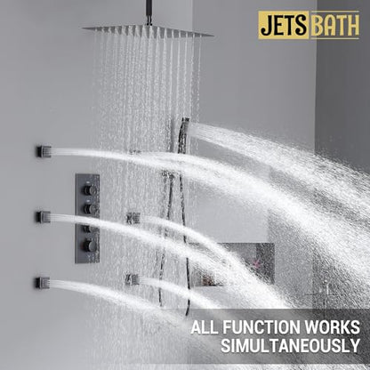 Thermostatic Shower System with 6 Body Jets & 16-Inch Ceiling Rainfall Shower Head, Oil Rubbed Bronze Luxury Full Body Shower Faucet with Handheld Sprayer, Shower Fixtures Set with Valve - color: Oil Rubbed Bronze
