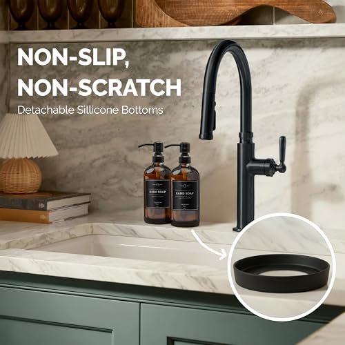 Vine Creations Amber Glass Soap Dispenser, 2 Pack Kitchen Soap Dispenser Set with Stainless Steel Pump, 16 oz Dish Soap and Hand Soap Dispensers for Bathroom with Waterproof Labels - color: Amber Bottle / Round Oil Rubbed Bronze Pump