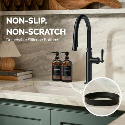 Vine Creations Amber Glass Soap Dispenser, 2 Pack Kitchen Soap Dispenser Set with Stainless Steel Pump, 16 oz Dish Soap and Hand Soap Dispensers for Bathroom with Waterproof Labels - color: Amber Bottle / Round Oil Rubbed Bronze Pump