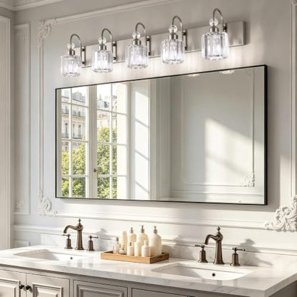 Ralbay Crystal Bathroom Vanity Light Brushed Nickel Modern 5 Light Bathroom Wall Lighting Fixtures Over Mirror - color: Round-Brushed Nickel, size: 5-light