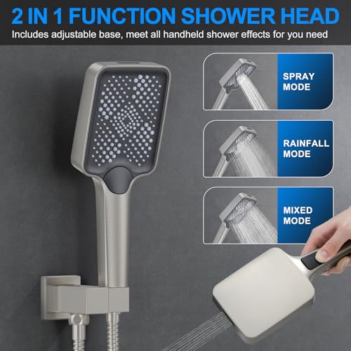 Bathtub Shower Faucet Set with Pressure Balance Valve, 12" Ceiling Mount Shower System with Tub Spout Multi-function Handheld Head Push Button Diverter Shower Trim Kit, Brushed Nickel - color: Brushed Nickel, style: 12"-Square-Tub-01