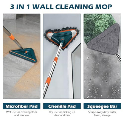 Wall Cleaner Mop with Long Handle, 360° Rotatable Wall Mop, 85“ Baseboard Cleaner Tool Duster for Wall Washer Cleaner Tool for Walls/Dust/Ceiling Fans/Baseboard/Floors
