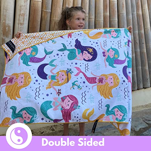 Microfiber Kids Toddler Beach Towel, Quick Dry, Sand Free, 60x30 | Pool towel, ultra-soft, girls and boys, travel pouch, camping travel vacation, toallas playas - color: Mermaids