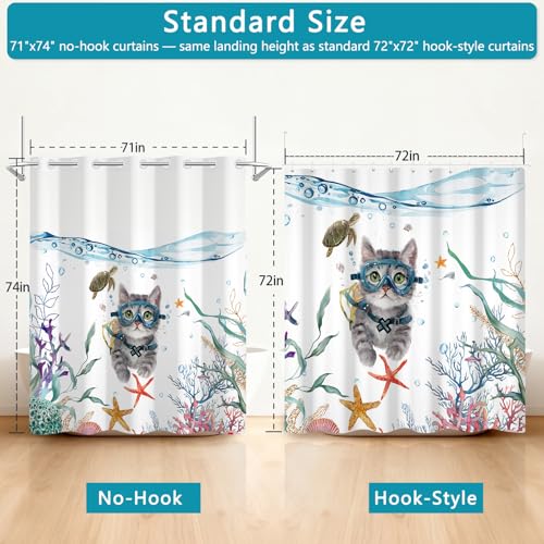 No Hook Cat Shower Curtain Set with Ventilation Top Window, Ocean Theme Funny Shower Curtain with Snap in Liner, Nautical Fabric Shower Curtains for Bathroom with Weighted Hem, 71x74 Inches - color: Underwater Explorer Cat
