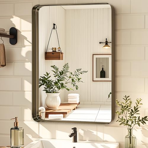 Fabuday Bathroom Wall Mirror 32x24 Inch - Bronze Metal Frame Over Sink Mirror for Bathroom, Rustic Bathroom Mirrors for Bedroom, Farmhouse, Hallway, Living Room Decor, Horizontal or Vertical Hanging - color: Bronze, size: 32"L x 24"W