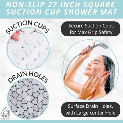 ENKOSI Square Shower Mat 27x27 inch - Anti Slip Shower Stall Floor Mat - Non Slip Shower Mats with Strong Secure Suction Cups and Drain Holes in Middle (27x27 Pebble) - color: Pebble