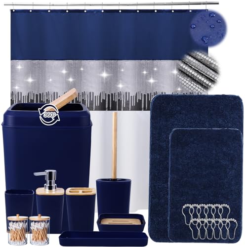 24PCS Bathroom Sets with Shower Curtain and Rugs, Navy Blue Bathroom Accessories Set Navy Blue Shower Curtain Set Bathroom Accessories with Bathroom Trash Can - size: Bath Set+Shower Curtain+Bath Rugs, style: Navy Blue