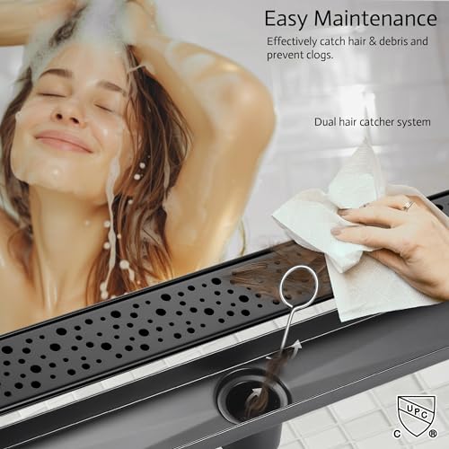 Linear Shower Drain, 28 inch Matte Black | Including Hair Catcher and Removable Grate, 304 Stainless Steel, Easy to Install and Clean (Drain Base Not Included) - color: Matte Black, size: 28 inch