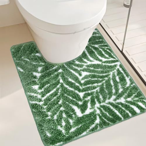 Dark Green U Shaped Toilet Mat for Bathroom Floor 24x20 Non Slip Washable Water Absorbent Cute Bathroom Decor Leaf Contour Bath Mat - color: Dark Green, size: 1'8" x 2' (U-Shape)