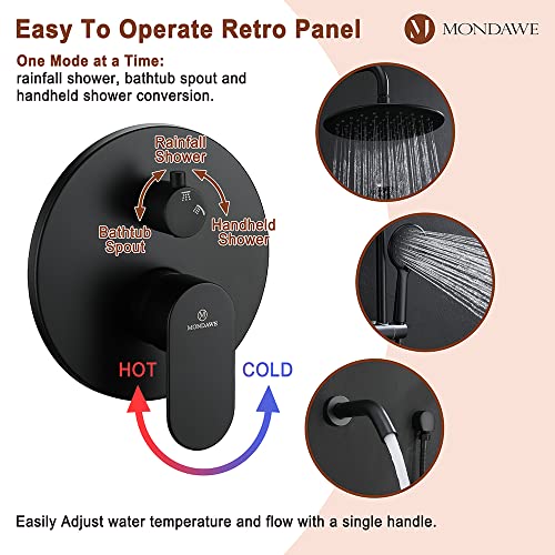 MONDAWE 9 Inch Wall Mounted Shower Faucet Set with Tub Spout in Matte Black, Rainfall Shower Head with 3-Setting Handheld Spray Shower Combo, High Pressure Shower System with Solid Brass Valve - color: Matte Black, style: 9 IN - With Tub Spout