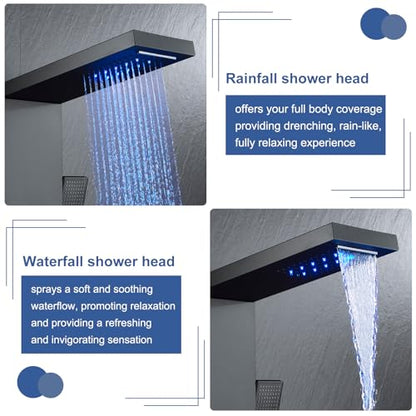 ROVATE 5 in 1 LED Rainfall Waterfall Shower Panel, Matte Black | High Pressure Stainless Steel Shower Tower with 4 Angle Adjustable Body Jets, Flexible Handheld, Waterfall Tub Spout