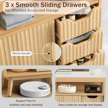 Fluted Storage Cabinet for Bathroom, 3 Drawer Floor Cabinet with Sliding Door, Mid Century Storage Organizer with Adjustable Shelf, Modern Curved Edge Cabinet for Dining Room Kitchen (Natural)