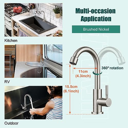 Heyalan SUS304 Cold Water Bar Sink Faucet, Single Handle, Brushed Nickel | SUS304 stainless steel, high-arc gooseneck, single-hole deck mount, 24-inch supply hose, 2.5-inch shank, 1.8 GPM - color: Brushed Nickel