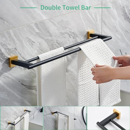 Miyili 4-Piece Bathroom Hardware Kit Set Stainless Steel Wall Mount - Includes Double Towel Bar, Hand Towel Rack, Toilet Paper Holder, Robe Hook, Black & Gold, BS02BG4 - color: Black & Gold