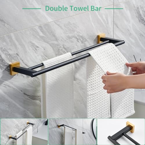 Miyili 4-Piece Bathroom Hardware Kit Set Stainless Steel Wall Mount - Includes Double Towel Bar, Hand Towel Rack, Toilet Paper Holder, Robe Hook, Black & Gold, BS02BG4 - color: Black & Gold