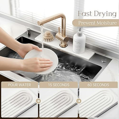 Diatomite Sink Splash Guard – Super Absorbent Kitchen & Bath Mat, Quick-Dry Non-Slip Drying Tray, Fits Most Faucets, Pet Bowl Mat, Vase Holder (White, 15.8'' x 4'') - color: White-D