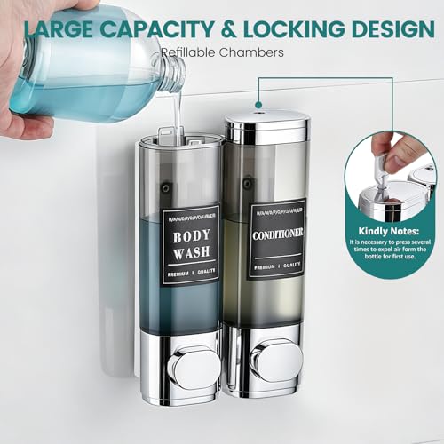 Wall-Mounted Shampoo and Conditioner Dispenser 2 Chamber No Drill,Chrome | Shower Soap Dispenser for Bathroom Hotel Large Capacity,each 300ml with two waterproof labels - color: 2chrome