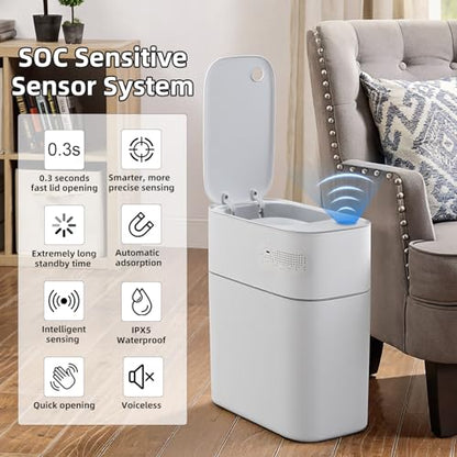 JUDRDO 3.5 Gal Slim Touchless Bathroom Trash Can, Automatic Diaper Pail | Motion sensor opening, automatic liner suction, slim profile for bathrooms, bedrooms, offices, kitchens and nurseries - color: White-n21