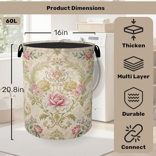 Shabby Chic Rose Laundry Basket with Handles - Extra Large Foldable Hamper for Bathroom/Laundry/Bedroom/Dorm, Washable Fabric Storage Bin - color: Shabby Chic Rose