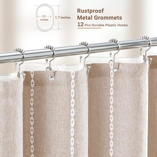 BTTN 3 in 1 Shower Curtain with Liner, 78 Inch Long Boho Linen Striped Cloth Shower Curtain Set with Hook, Farmhouse Bohemian Country Waterproof Fabric Shower Curtain for Bathroom, Tan/Taupe, 72x78 - color: Taupe With Liner, size: 72"W x 78"L (Pack of 1)