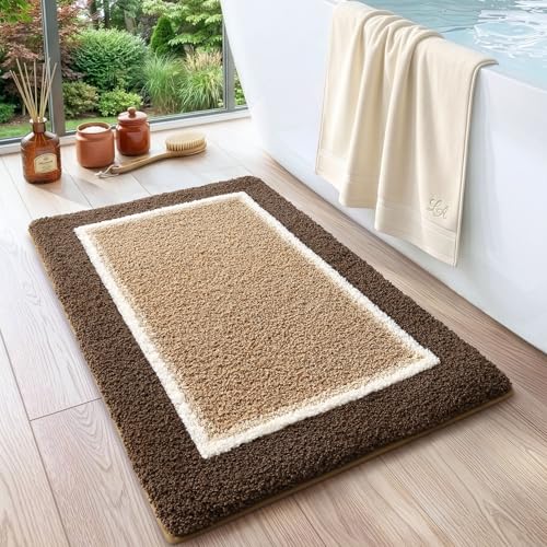 DEXI Bathroom Rugs 24x16, Soft Absorbent Bath Mat, Brown and Dark Beige | Non Slip Washable Bathmat, Thick and Plush Microfiber, Quick Dry, For Shower Floor, Sink, Tub, Laundry Room - color: Brown and Dark Beige, size: 24" X 16" (Rectangular)