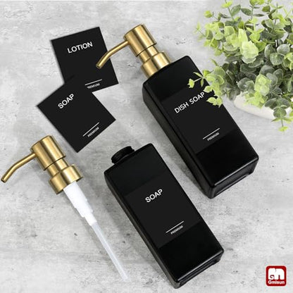 GMISUN Gold Soap Dispenser, Black Soap Dispenser Bathroom with Stainless Steel Pump, Hand and Dish Soap Dispensers Set for Kitchen, 12 fl oz/350ml Glass Liquid Refillable Lotion Dispenser Bottle - color: Black Bottle + Gold Pump
