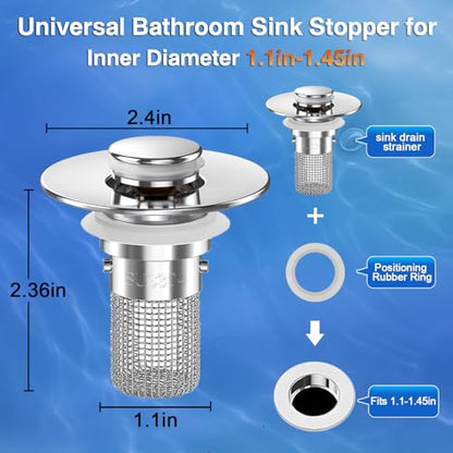 Bathroom Sink Drain Strainer,(2PCS) Pop-up Sink Drain Strainer with Removable Stainless Steel Strainer Basket Hair Catcher, Bathroom Sink Strainer for Bathroom Sink Stopper Replacement - color: Sliver-2