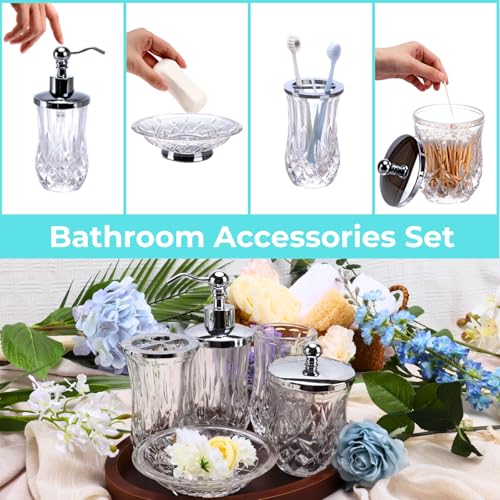 Clear Bathroom Accessories, Round Thick Glass & Metal Pump | Beautiful & weight, 5 pcs soap dispenser, toothbrush holder, soap dish, tumbler & jar, for mission/amish style - style: Round(Clear)