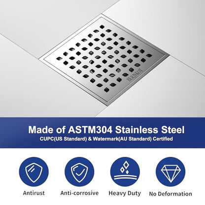 Square Shower Drain w/PVC Bonding Flange Base, 6" Brushed | 304 Stainless Steel Drain w/ Drain Key for Low Profile Shower Tiles, CUPC Certified - color: Brushed6"