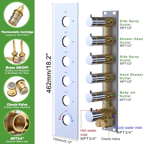 HOMEDEC 16" Round Rain Full Body Shower System with Dual 6" Wall Shower Head, 5 Way Valve with 2-Function Handheld Shower and Body Sprays, Chrome - color: Chrome, style: 5-Way + 2x 6" Top