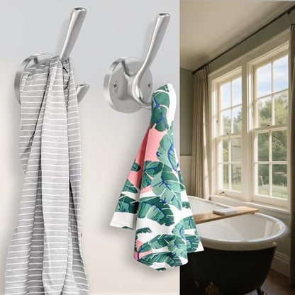TOFIIGREM Brushed Nickel Wall Hooks Towel Hooks, 2 Pack Coat Robe Hook Heavy Duty Bathroom Double Hook Wall Mounted, Hand Towel Hooks for Closet Entryway Cubicle Kitchen - color: Silver, size: 2 Pack