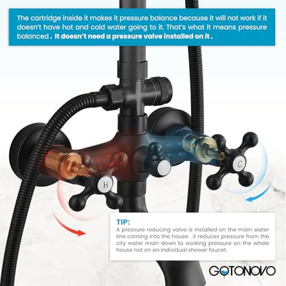 gotonovo Exposed Shower Faucet Set with Tub Spout Matte Black | Brass Bathroom Shower System,8 Inch Rainfall Head with Handheld Spray and Tub Filler,Adjustable Height,6’’ Hole Distance - color: Black