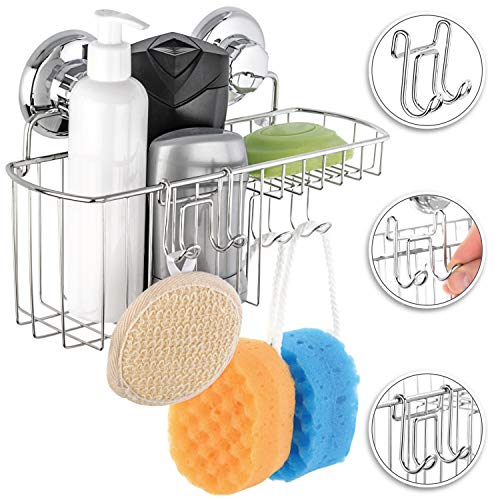 HASKO Shower Caddy Suction Cup, Shower Shelf with Soap Dish and Hooks Organizer, Suction Bathroom Shelf for Storage, Wall Mounted Basket (Polished Stainless Steel SS304) - color: Silver (1 Pack)