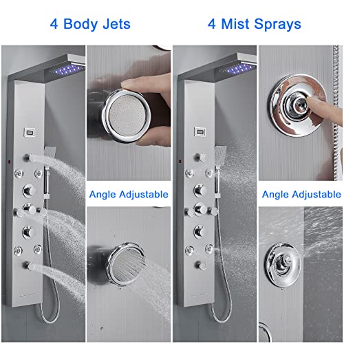 POPFLY LED Rainfall Waterfall Shower Panel Tower System, 4 Body Jets and 4 Mist Spray, 3-Function Handheld Shower, 304 Stainless Steel Shower Tower with Temp Display, Brushed - color: 8 Jets-brushed