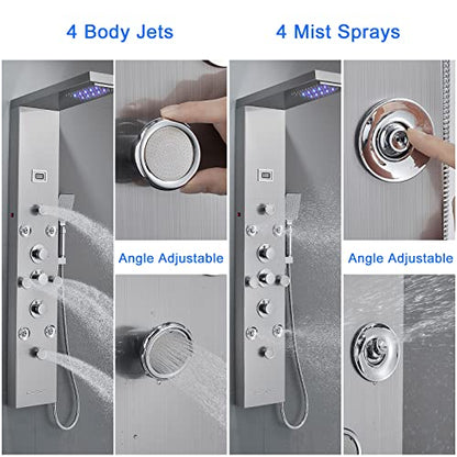POPFLY LED Rainfall Waterfall Shower Panel Tower System, 4 Body Jets and 4 Mist Spray, 3-Function Handheld Shower, 304 Stainless Steel Shower Tower with Temp Display, Brushed - color: 8 Jets-brushed