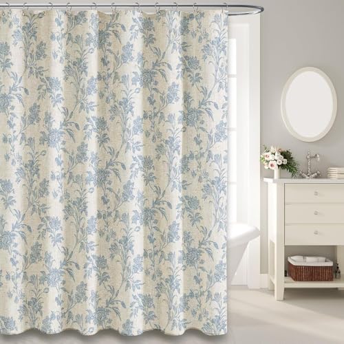 WOUVMA Extra Long Blue Shower Curtain Floral Cotton Linen Cottagecore Shower Curtain for Bathroom 96" L x 72" W - color: Linen Blue, size: Extra Long 96"L x 72"W