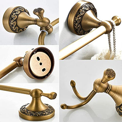 BATHSIR Antique Brass Towel Bar Set, Adjustable Bathroom Accessories Include Expandable Towel Holder Toilet Paper Holder Towel Ring Robe Hook Retro Carved Style Hardware 4 Piece Wall Mount