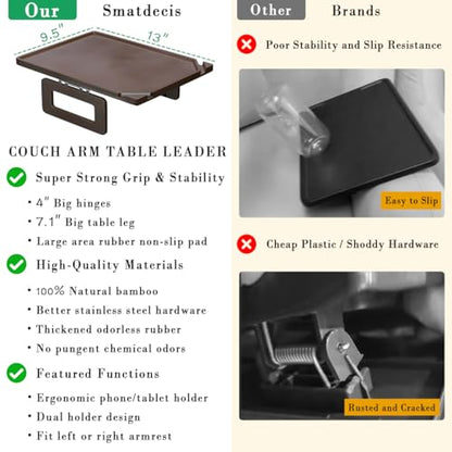 Smatdecis Couch Arm Tray Table Sofa Arm Clip, Armrest Tray Table Suitable for Home Drinks/Fast Food/Fruit Etc, Large Size Multi-Function Brown(Dual Phone/Tablet Holder) - color: Brown, size: 13" x 9.4"(Upgrade)