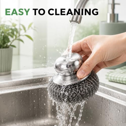 3Pcs Steel Wool Scrubber with Handle, Stainless Scrubber Steel Wool Cleaning Tools for Cleaning Tableware, Kitchen Pots, Pans and Sinks