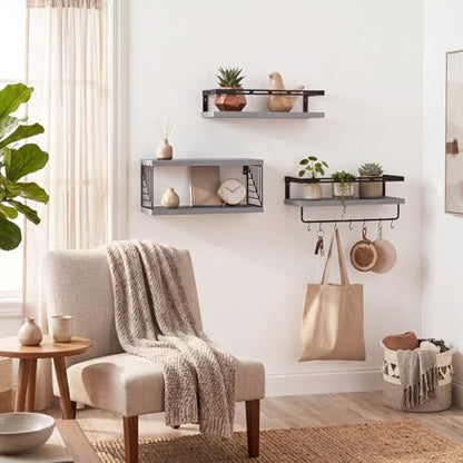 Fixwal Wall Mounted Bathroom Shelves Over Toilet (3+1 Gray) | Wall Shelf with Basket Storage , Towel Bar, Solid Wood, 22Lb Capacity, Easy DIY Install - color: 2-gray